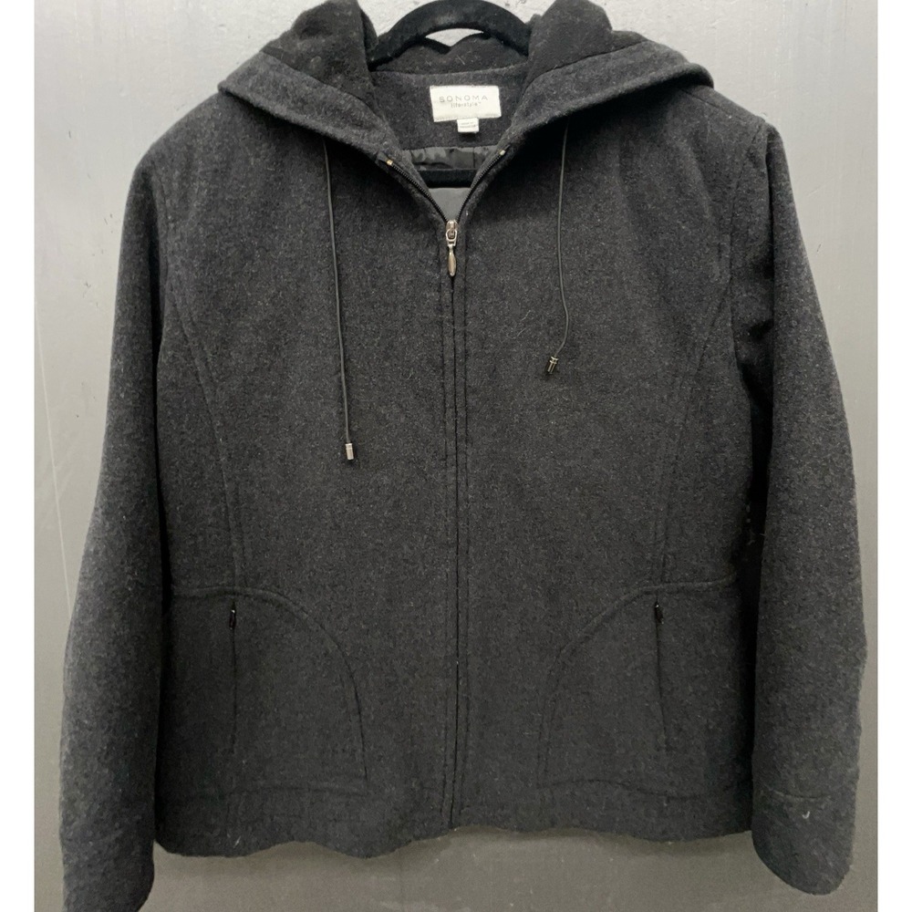 Woman Jacket L Black Gray‎ Wool Blend Zip Pockets Hood Casual Preppy Minimalist